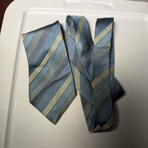 Alfani Men's Tie Necktie Blue Tan Striped 100% Silk Handmade In China